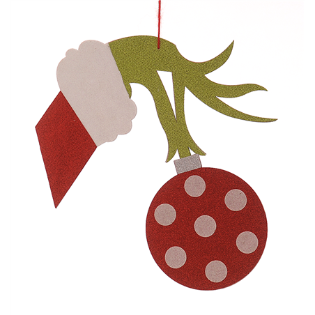 Ornamento Mano Grinch Con Sfera Glitter Green Red