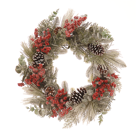 Corona D60cm Pino Innevato Pigne Bacche Red