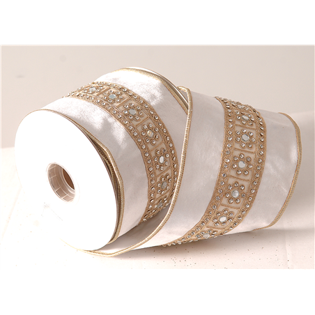 Nastro 10cmx4,6mt Bianco E Oro Decorato