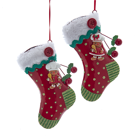 Ornamento Metallo Calza Gingerbread 17cm 1pz. Rosso Bianco Verde