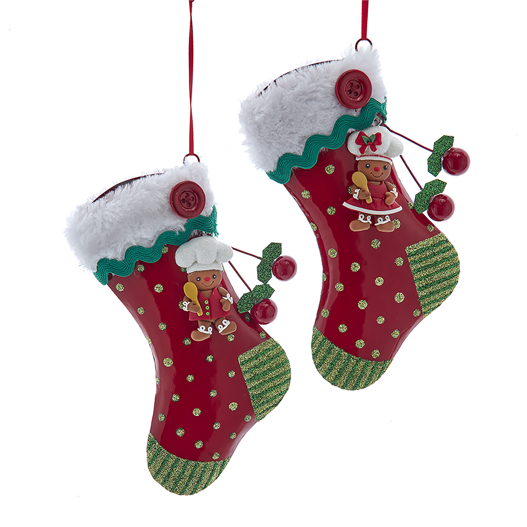Ornamento Metallo Calza Gingerbread 17cm 1pz. Rosso Bianco Verde