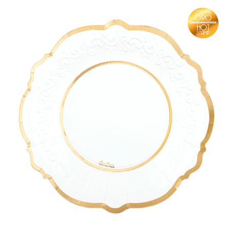Piatto Carta 27cm Liberty Bordo Oro 8pz Bianco E Oro