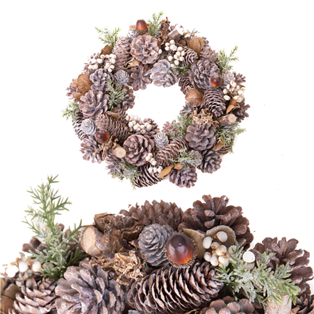 Corona D36cm Pigne Ghiande Legnetti Natural Ice Glitter
