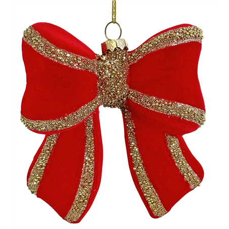 Ornamento Vetro Fiocco Velluto Perline 10cm Red Gold