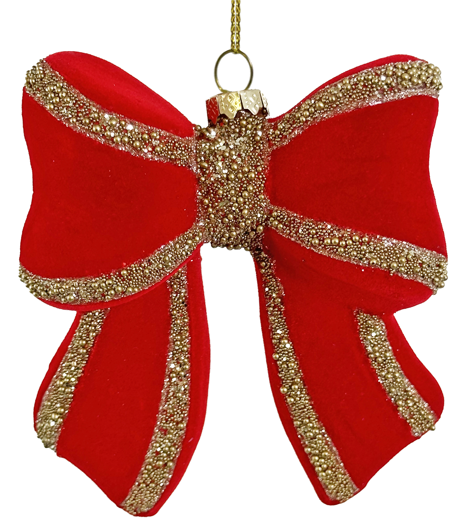 Ornamento Vetro Fiocco Velluto Perline 10cm Red Gold
