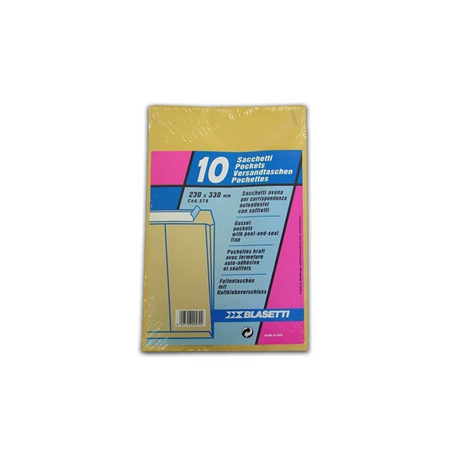 Busta Sacco 23x33 Cm Gr. 100 Pz. 10 Con Strip Carta Kraft Avana Soffietti Fondo Preformato
