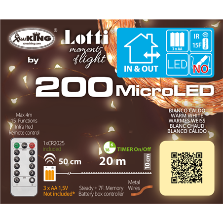 Catena 200microled Metal 0,5+20m Batteria Bianco Caldo Cavo Rame