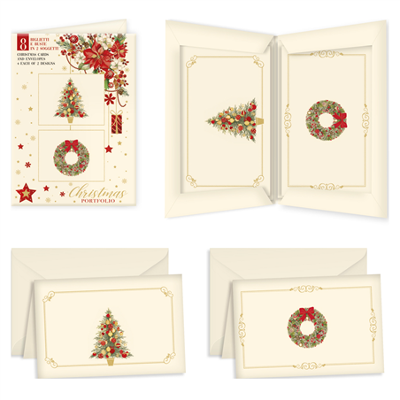 Portfolio 8pz Buste+8pz Cartoncini Natale Corone E Alberi