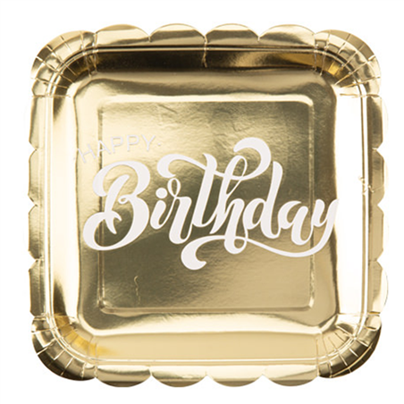 Piatto Carta D23cm 8pz Happy Birthday White Gold