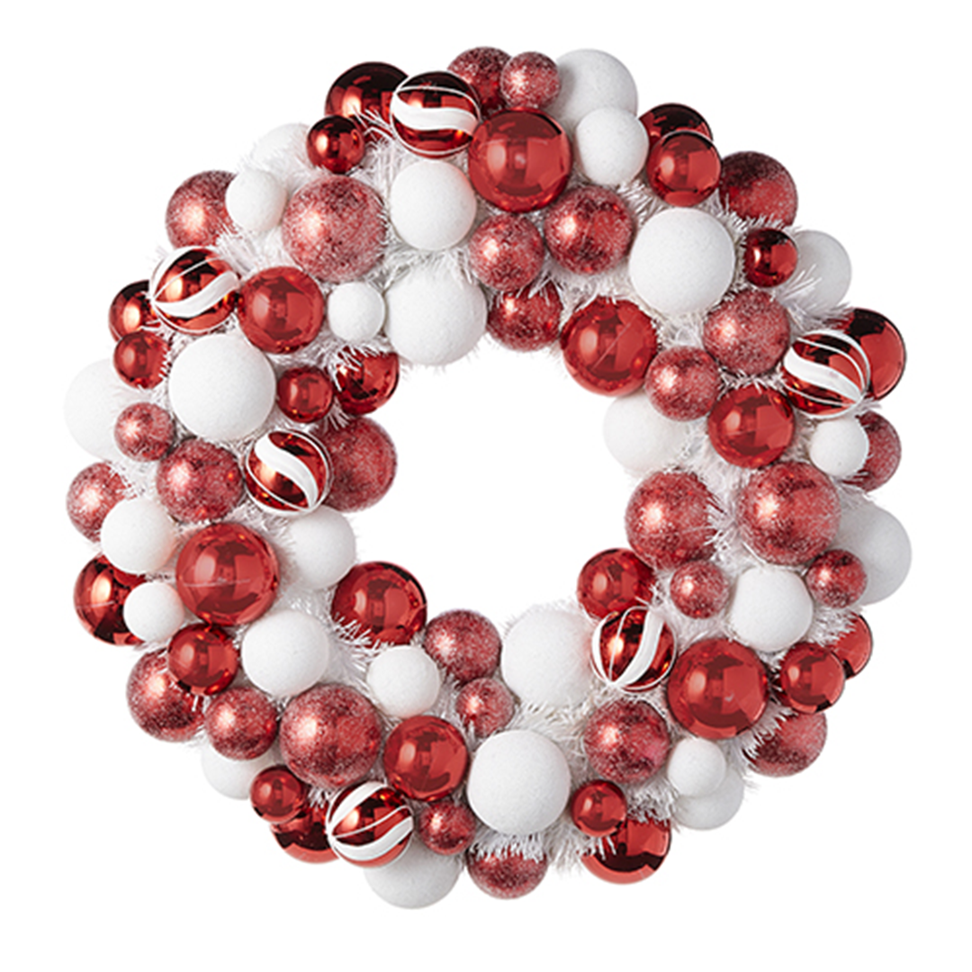 Corona D58cm Sfere Pvc Rosso Bianco Glitter