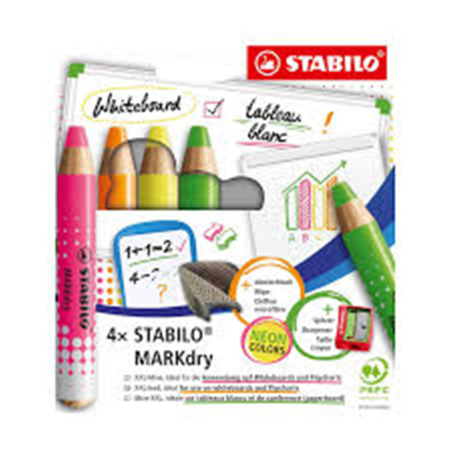 ASTUCCIO 4 STABILO MARKDRY FLUORESCENTI + PANNO IN MICROFIBRA
