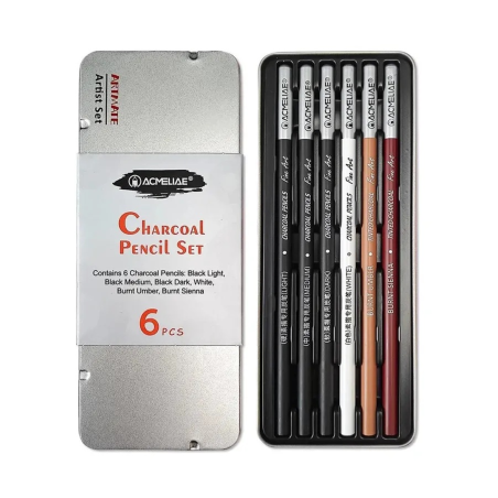 Set Matite Carboncino Pezzi 6 Scatola In Metallo