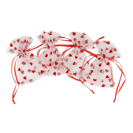 Sacchetto Organza Cuori 8x10cm 4pz Bianco Rosso