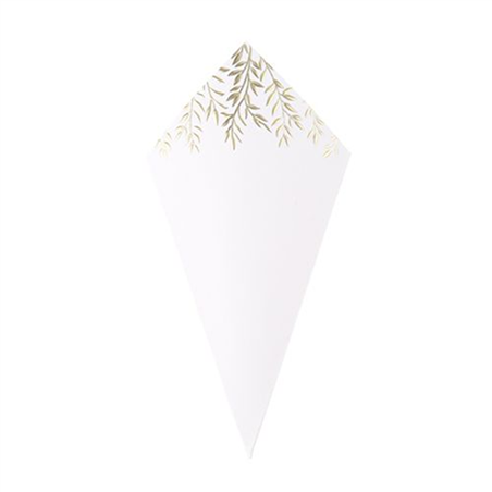 Cono  Confetti 10,5x19,5cm Foglioline 10pz Bianco Oro