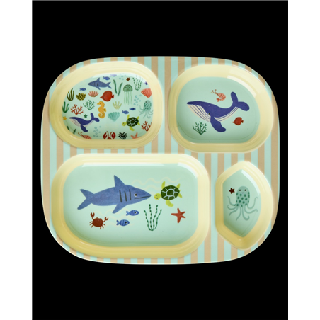 Kit Melamina Kids 4 Room Plate Rice Ocean Print Blu