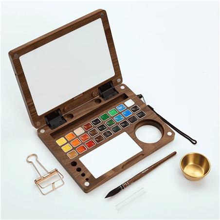 Set Luxury 27 Acquerelli + Accessori Scatola In Legno Di Noce