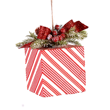 Ornamento Pacco Dono Righe Con Bacche 17cm Rosso Bianco Verde
