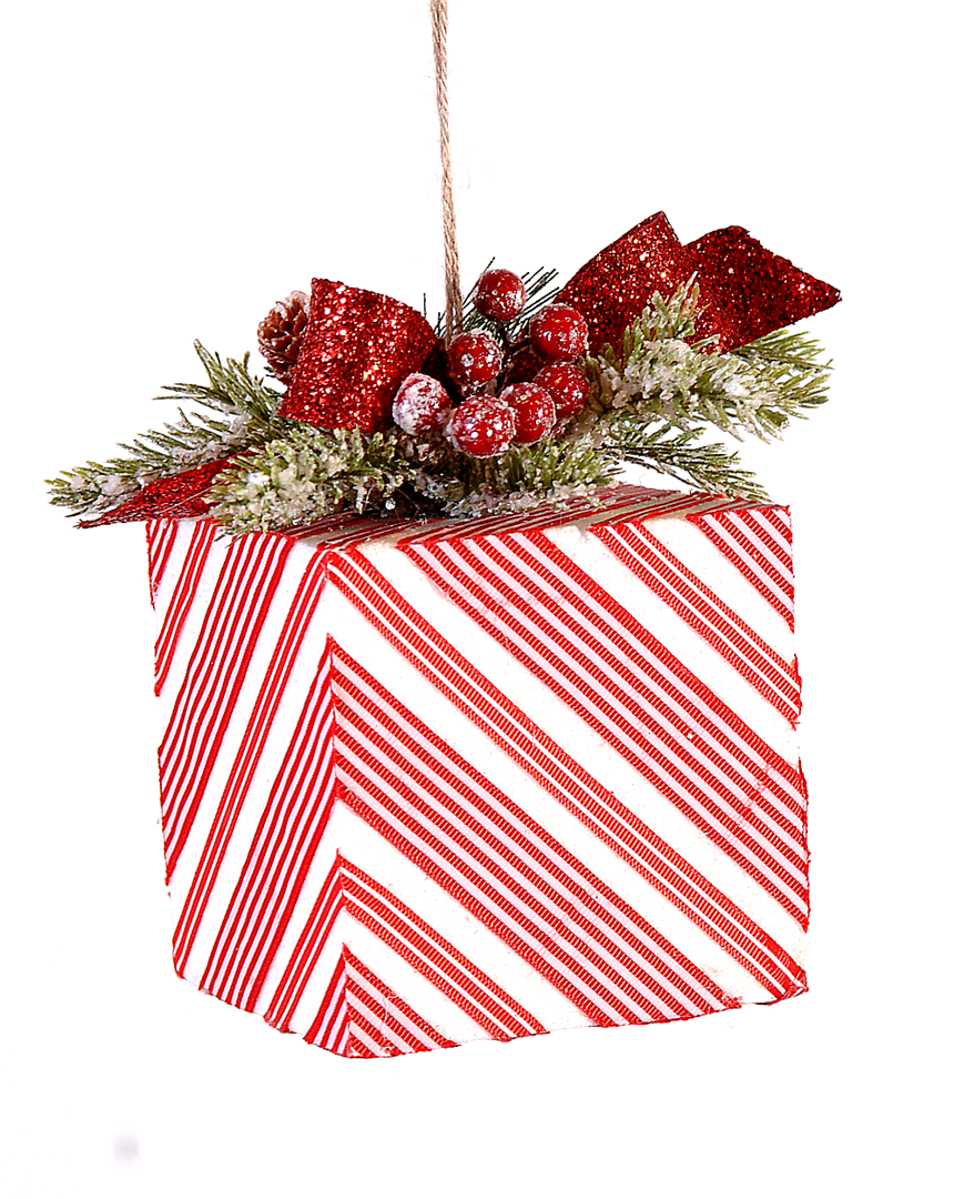 Ornamento Pacco Dono Righe Con Bacche 17cm Rosso Bianco Verde