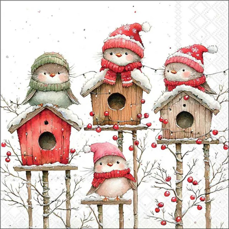 Tovagliolo Natale 33x33  Birdhouse Quartet White