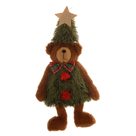 Orsetto Peluche Vestito Albero Natale H36cm Brown Green Red