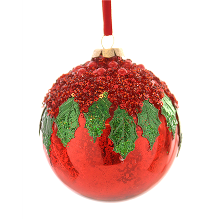 Sfera Vetro D10cm Red Foglie Green Glitter
