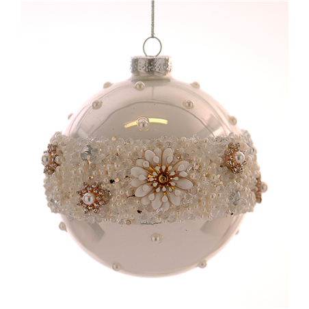 Sfera Vetro D12cm White Fiori E Perle