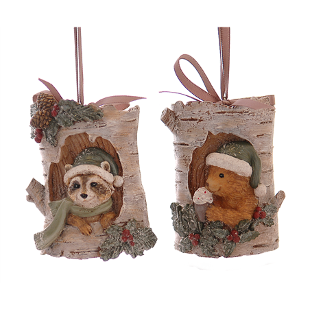 Ornamento Animale Bosco Nel Tronco Resina Brown Green