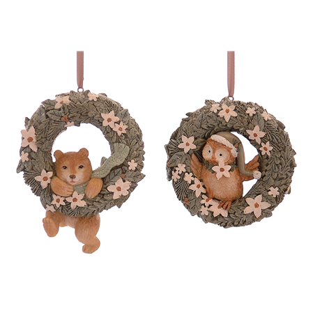 Ornamento Resina Corona Con Peronaggio 12,5cm Orsetto-Pinguino-Babbo-Gufo