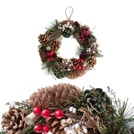 Corona D25cm Pigne Abete Bacche Rosse