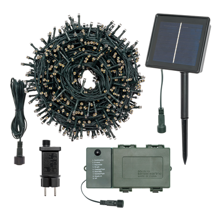 Catena Multiuso 500led Tbs Solare 25mt+4mt Cavo Verde-Bianco Caldo-Uso Esterno