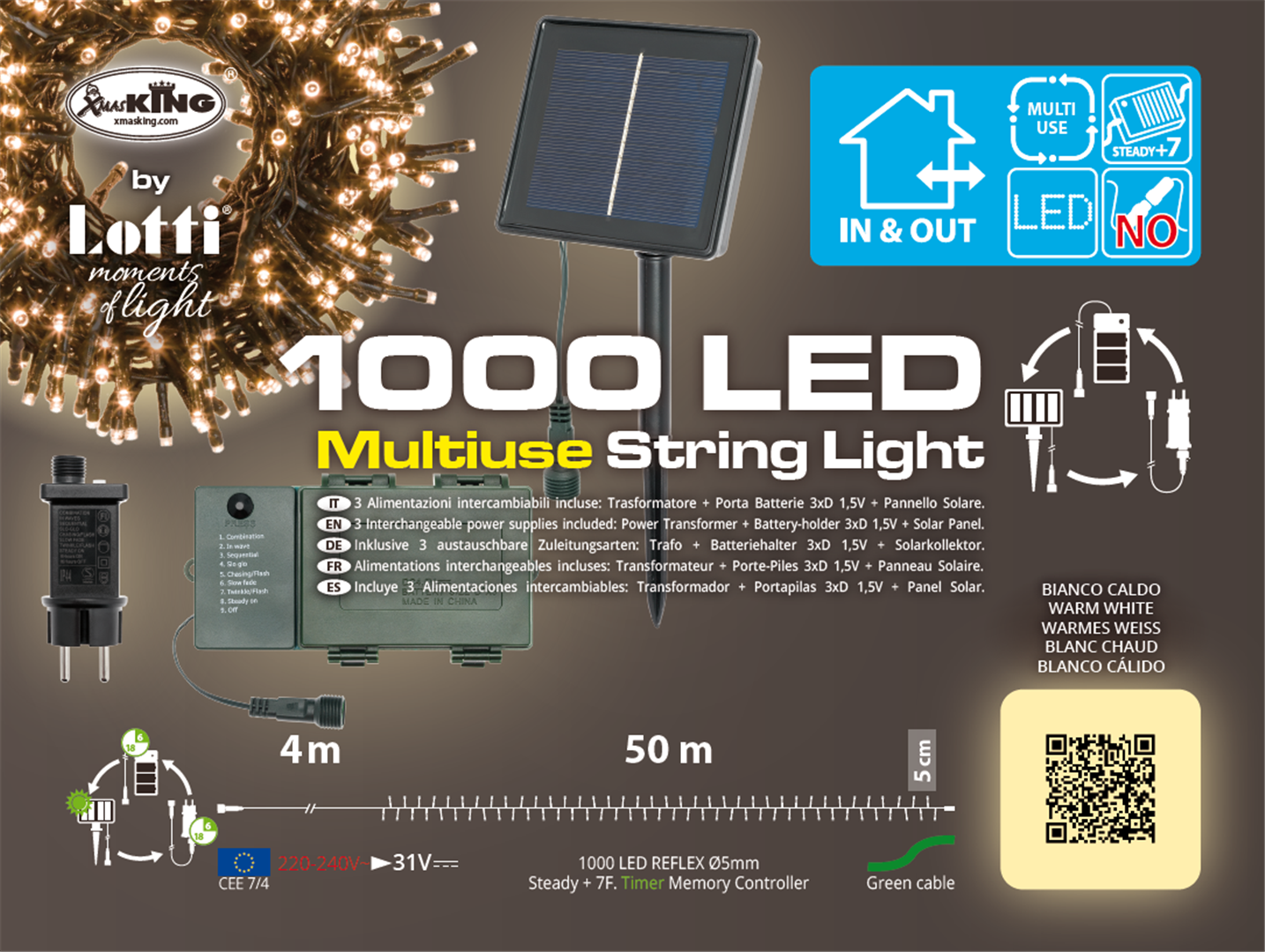 Catena Multiuso 1000led Tbs Solare 50mt+4mt Cavo Verde-Bianco Caldo-Uso Esterno — immagine 2