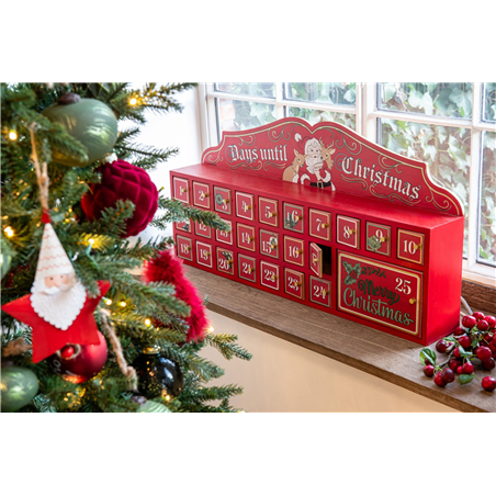 Calendario Avvento Legno Cassetti 80x12x40cm Rosso E Bianco