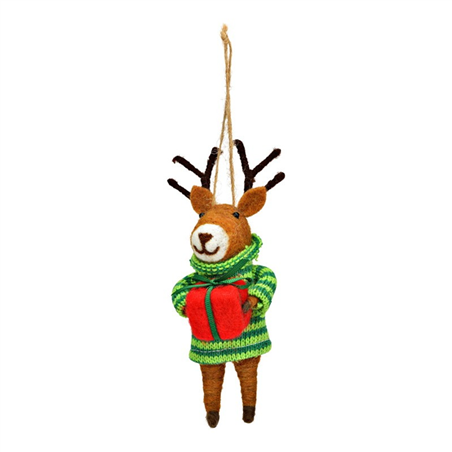 Ornamento Feltro Renna Con Maglione E Dono Green Red