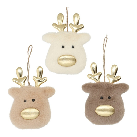 Ornamento Peluche Testa Di Renna Con Oro 14cm