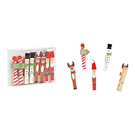 Mollette Legno Soggetti Natale 8pz White Red Green