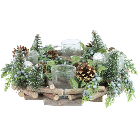 Corona Portacandelex4 D22cm Pini Legni Pigne Green