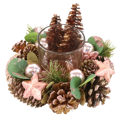 Portacandela D21cm Pini Palline Stelline Rame
