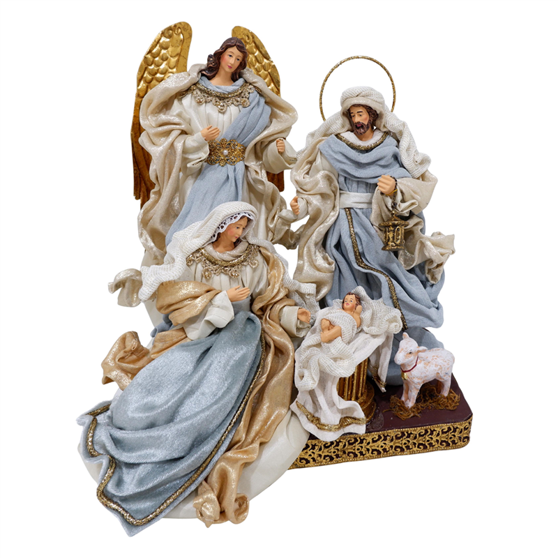 Natività Resina Con Angelo E Base H36cm Beige Azzurro — immagine 2