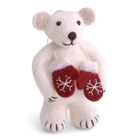 Ornamento Feltro Orso Polare Con Guanti 10cm White Red