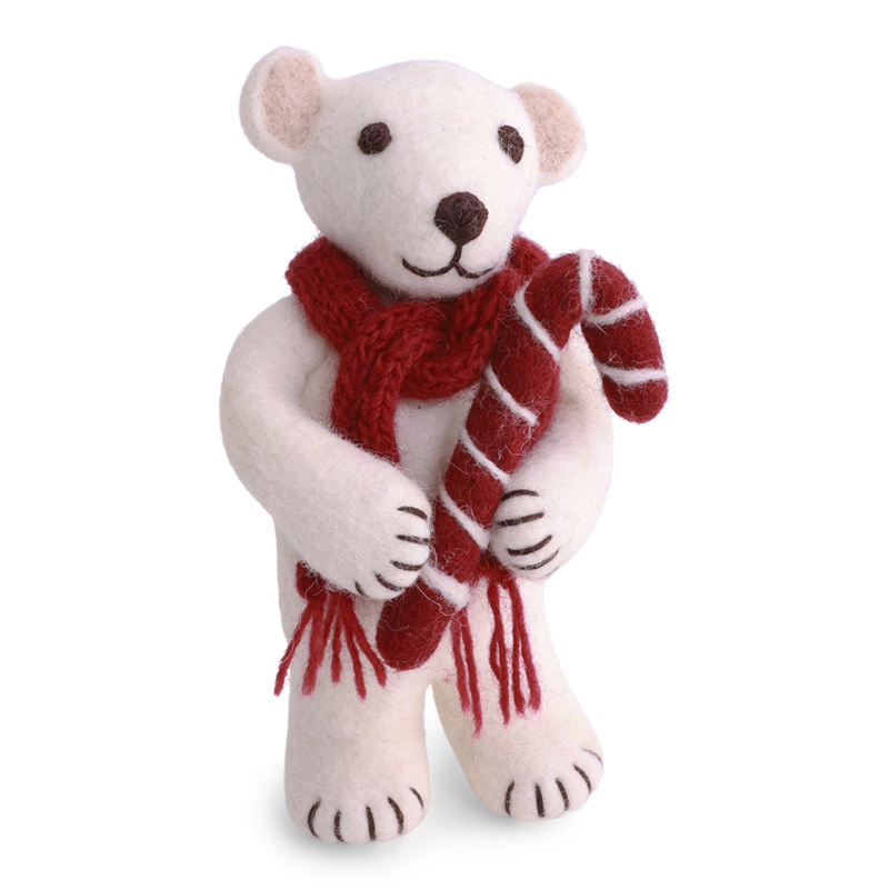 Orso Polare Feltro Con Candycane H16cm White Red