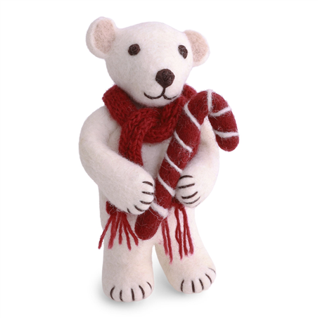 Orso Polare Feltro Con Candycane H16cm White Red