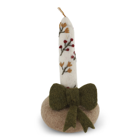 Ornamento Feltro Candela Con Fiocco H12cm White Green