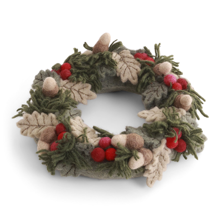 Corona Feltro D20cm Bacche Ghiande Pino Brown Green Red