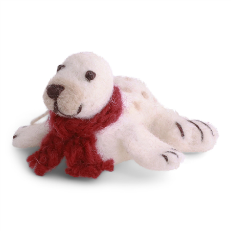 Ornamento Feltro Foca Con Sciarpa H6cm White Red