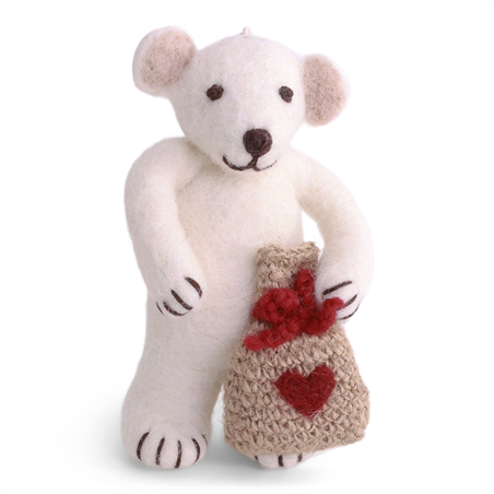 Ornamento Feltro Orso Polare Con Sacco Cuore White Brown Red