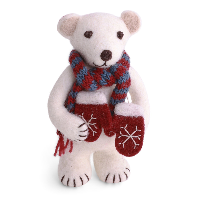 Orso Polare Feltro Guantini E Sciarpa H16cm White Red Blue