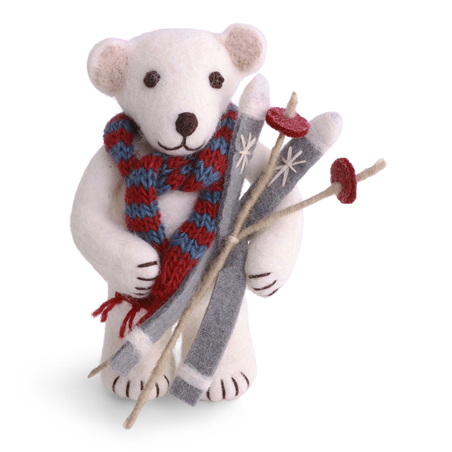 Orso Polare Feltro Con Sci E Sciarpa H16cm White Red Grey