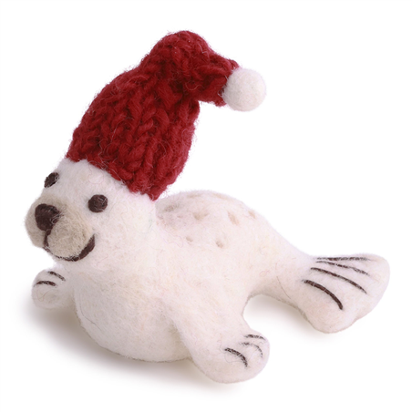 Ornamento Feltro Foca Con Berretto H7cm White Red