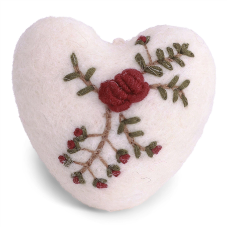 Ornamento Feltro Cuore Con Rosa Deco H6cm White Red