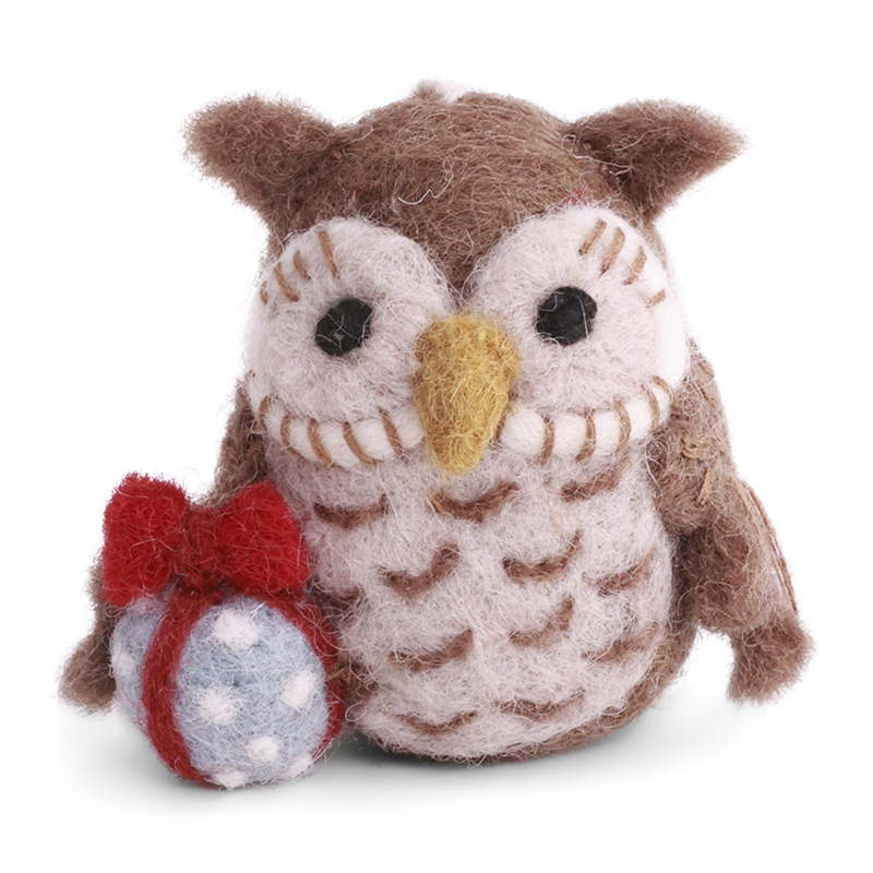 Ornamento Feltro Gufetto Con Regalo H6cm Brown Red